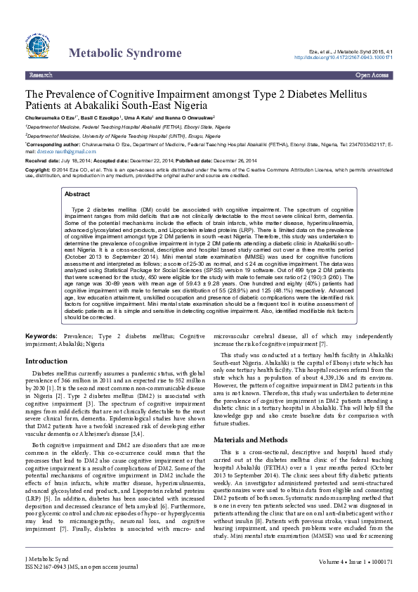 (PDF) The Prevalence of Cognitive Impairment amongst Type 2 Diabetes ...