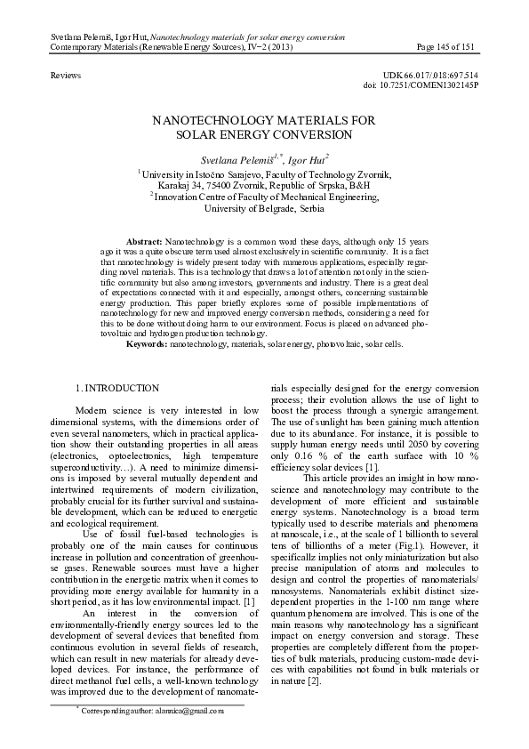 (PDF) Nanotechnology Materials for Solar Energy Conversion