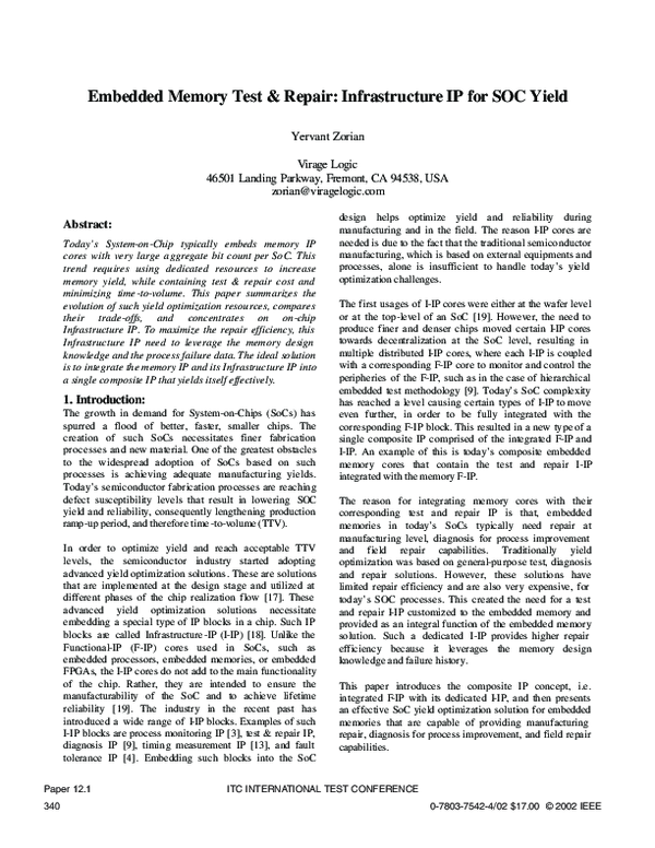 (PDF) Embedded-memory test and repair: infrastructure ip for soc yield