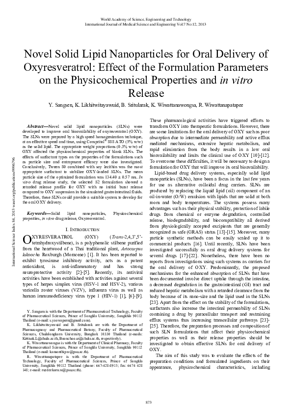 (PDF) Novel Solid Lipid Nanoparticles For Oral Delivery Of ...