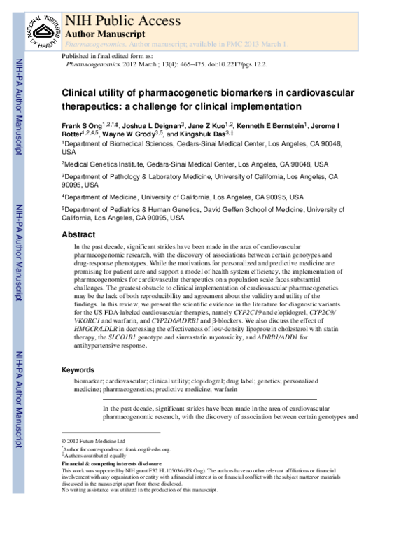 (PDF) Clinical utility of pharmacogenetic biomarkers in cardiovascular ...
