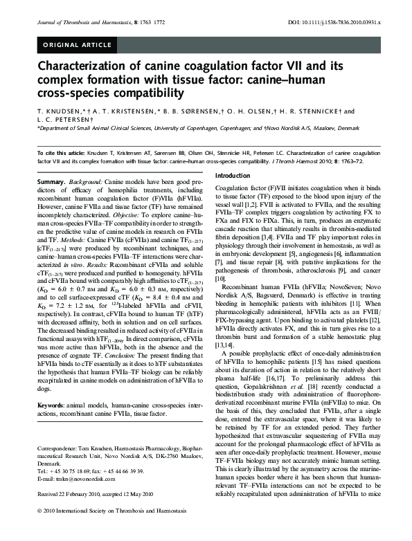 (PDF) Characterization of canine coagulation factor VII and its complex ...