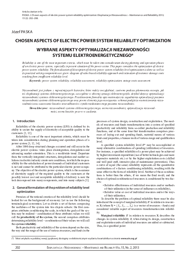 (PDF) Chosen aspects of electric power system reliability optimization