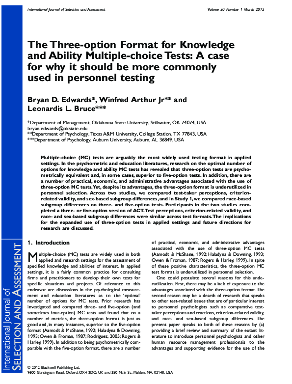 (PDF) The Three-option Format for Knowledge and Ability Multiple-choice ...