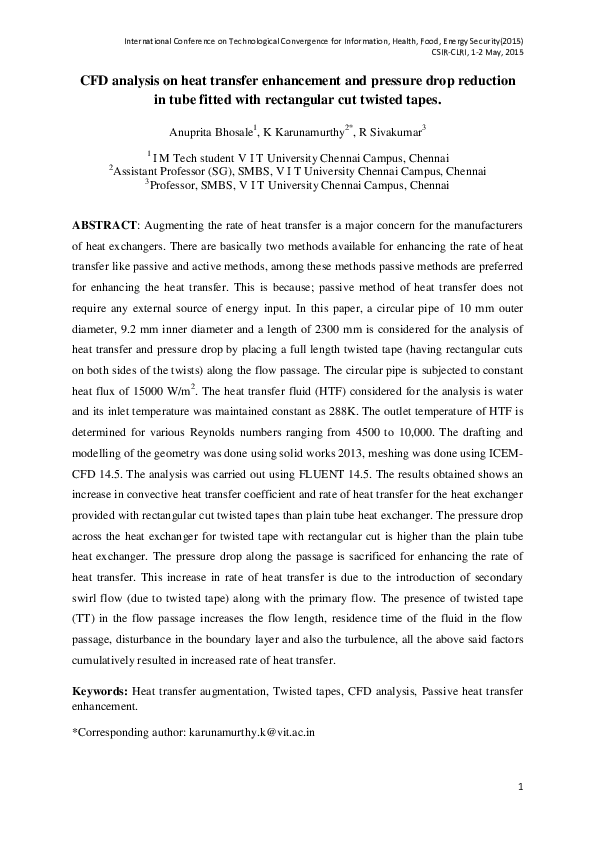 (PDF) CFD analysis on heat transfer enhancement and pressure drop ...