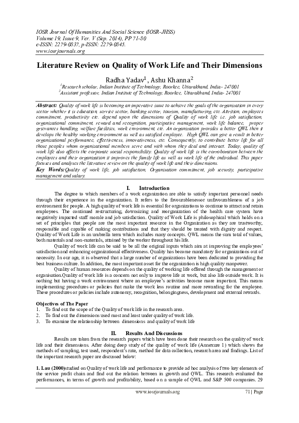 (PDF) Literature Review on Quality of Work Life and Their Dimensions