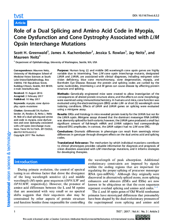 (PDF) Role of a Dual Splicing and Amino Acid Code in Myopia, Cone ...