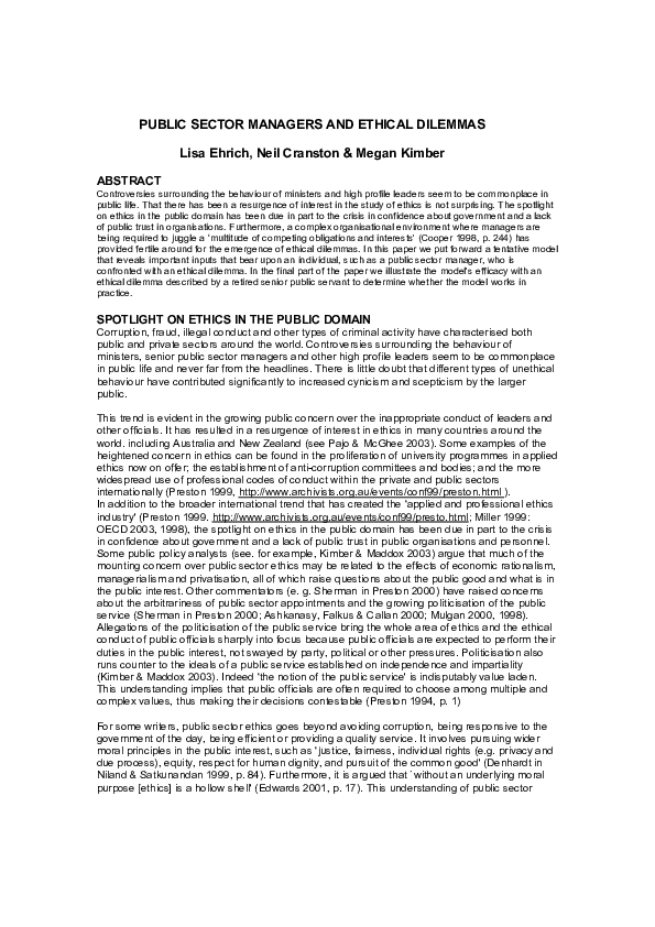 (PDF) Public Sector Managers and Ethical Dilemmas