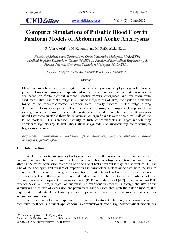 (PDF) Computer Simulations of Pulsatile Blood Flow in Fusiform Models ...