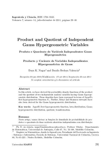 (PDF) Product and Quotient of Independent Gauss Hypergeometric Variables