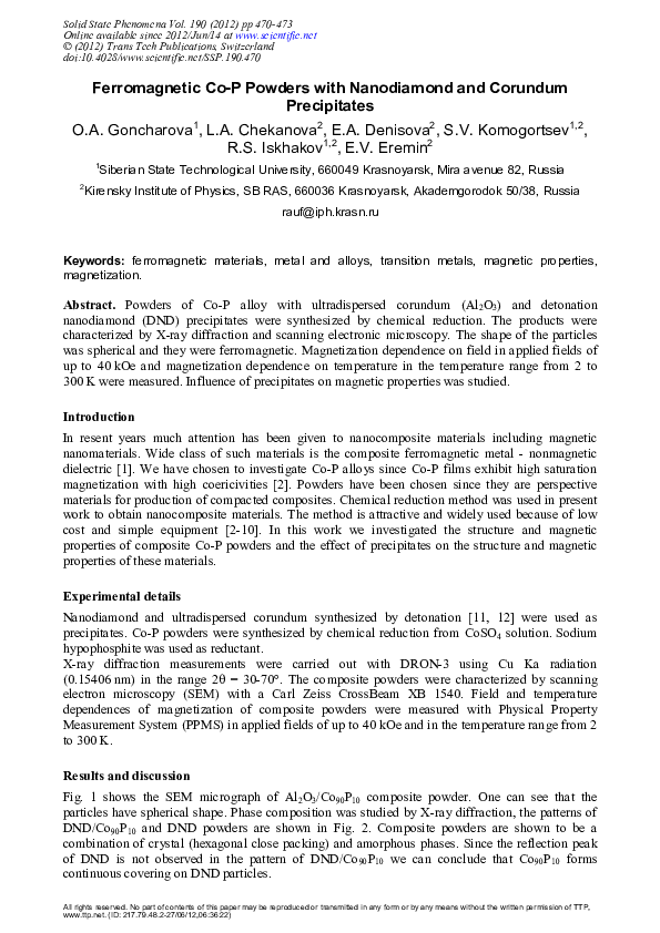 (PDF) Ferromagnetic Co-P powders with nanodiamond and corundum precipitates