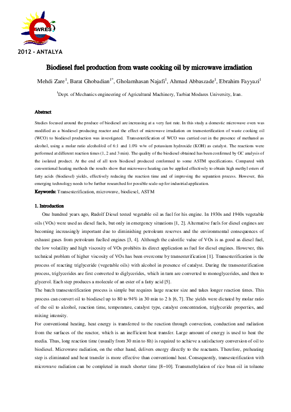 (PDF) Biodiesel fuel production from waste cooking oil by microwave ...