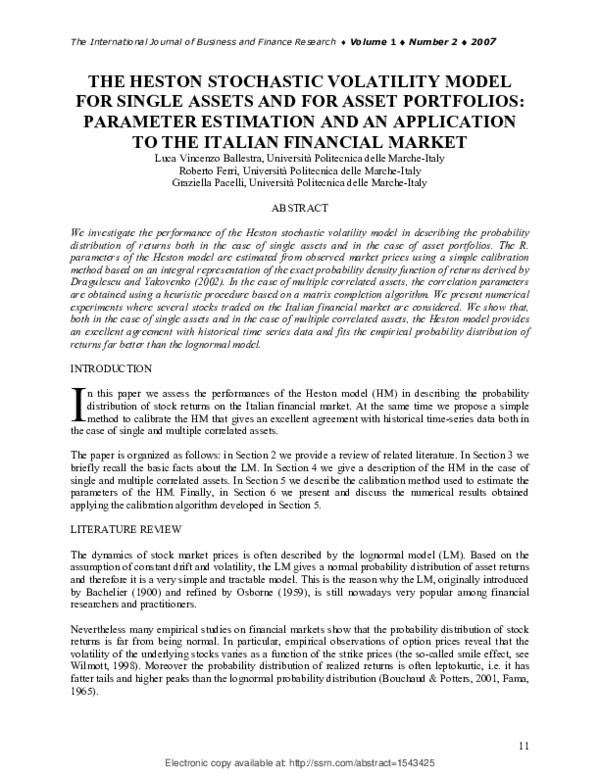 (PDF) The Heston Stochastic Volatility Model for Single Assets and for ...