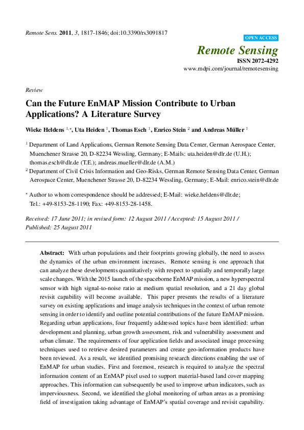  PDF Can The Future EnMAP Mission Contribute To Urban Applications A 