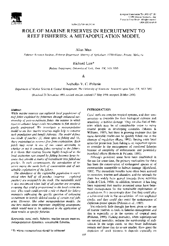 (PDF) Role of marine reserves in recruitment to reef fisheries: A ...