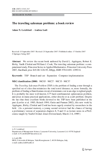 (PDF) The traveling salesman problem: a book review