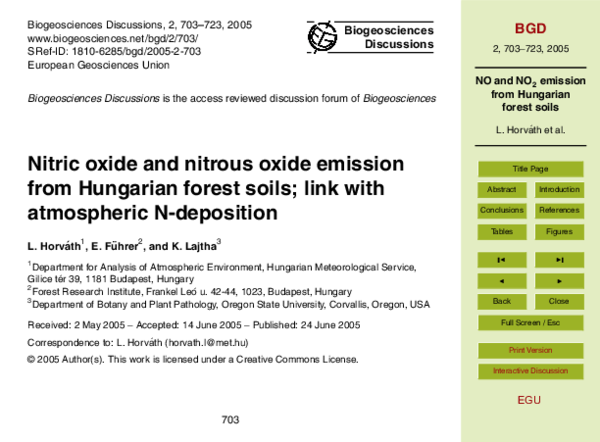 (PDF) Nitric oxide and nitrous oxide emission from Hungarian forest ...