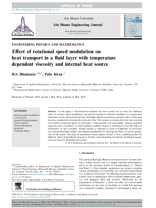 (PDF) Effect of rotational speed modulation on heat transport in a ...