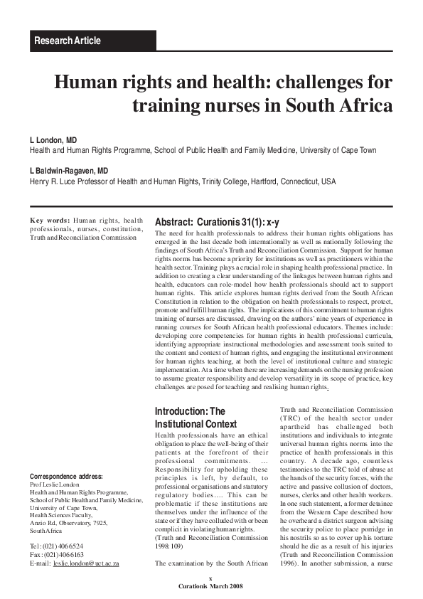 (PDF) Human rights and health: challenges for training nurses in South ...