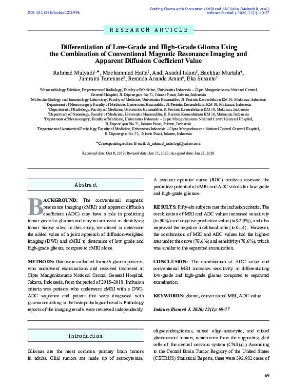 (PDF) Differentiation of Low-Grade and High-Grade Glioma Using the ...