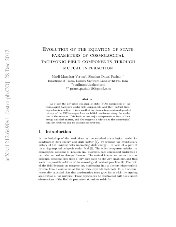 (PDF) Evolution of the equation of state parameters of cosmological ...