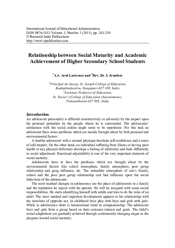 (PDF) Relationship between Social Maturity and Academic Achievement of ...