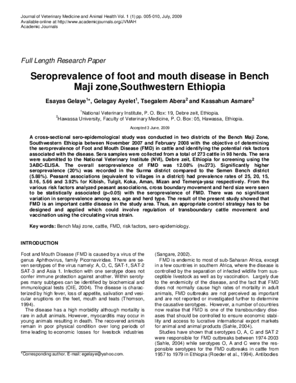 (PDF) Seroprevalence of foot and mouth disease in Bench Maji zone ...