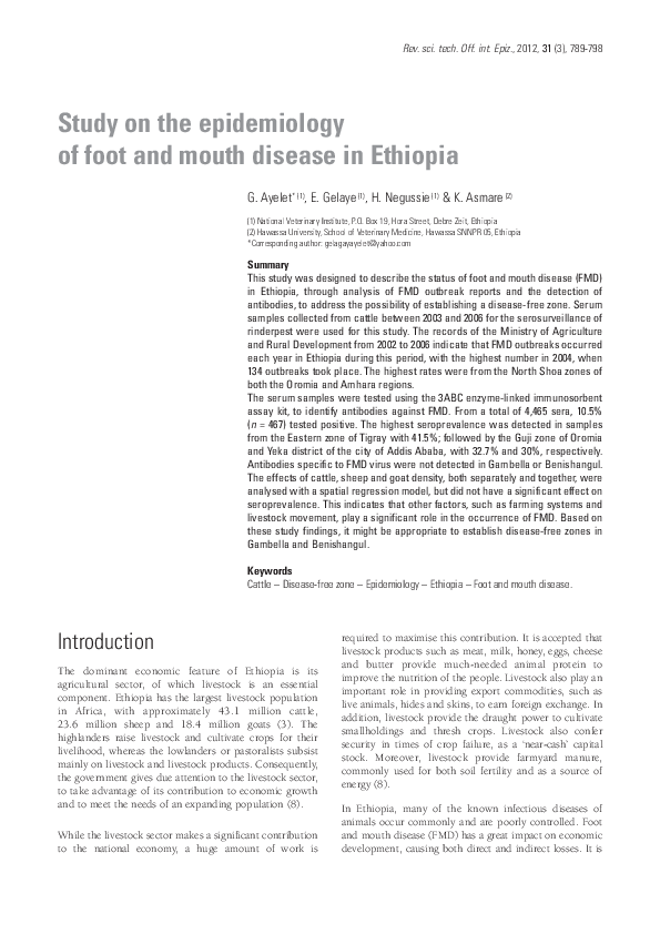 (PDF) Study on the epidemiology of foot and mouth disease in Ethiopia