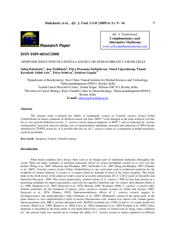 (PDF) Apoptosis induction of Centella asiatica on human breast cancer cells
