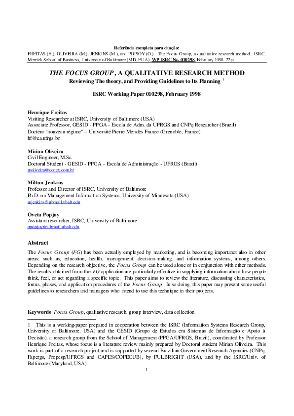 (PDF) The focus group, a qualitative research method