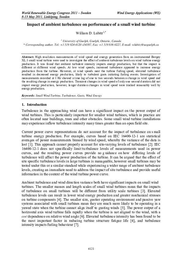 (PDF) Impact of ambient turbulence on performance of a small wind turbine