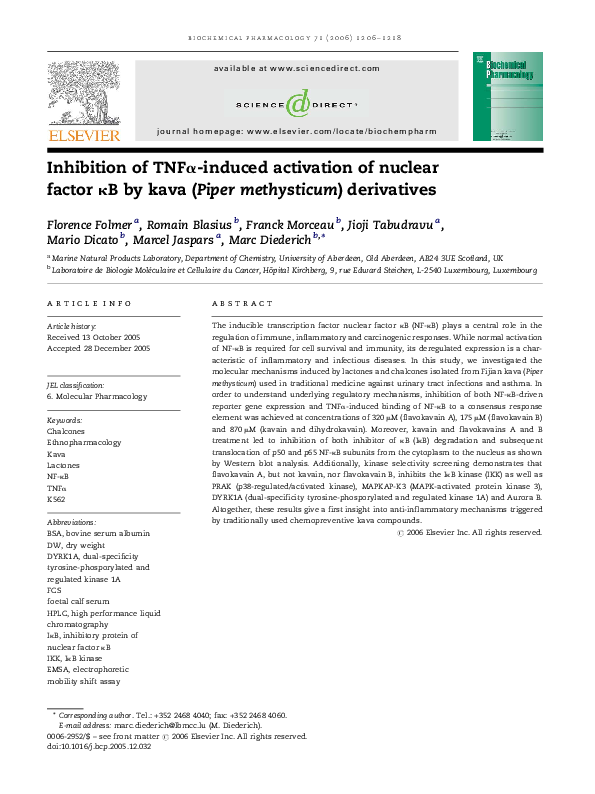 Inhibition of TNFα-induced activation of nuclear factor κB by kava ...