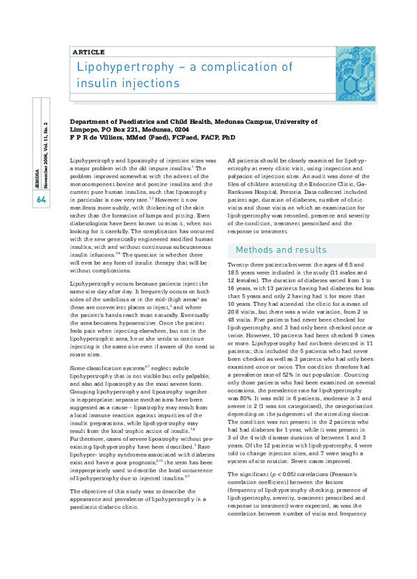 (PDF) Lipohypertrophy a complication of insulin injections Francois