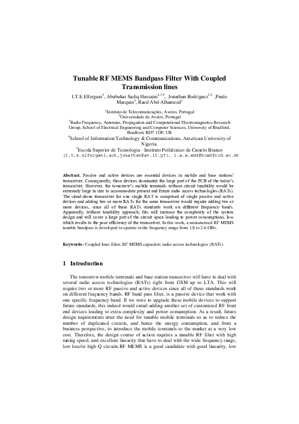 (PDF) Tunable RF MEMS Bandpass Filter with Coupled Transmission Lines