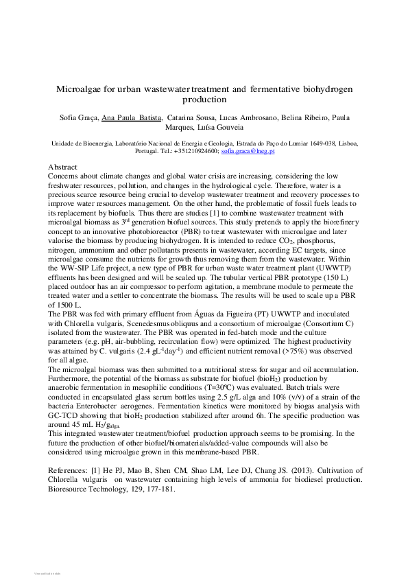 (PDF) Microalgae for urban wastewater treatment and fermentative ...