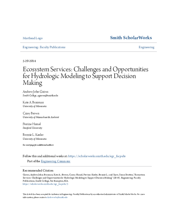 (PDF) Ecosystem services: Challenges and opportunities for hydrologic ...