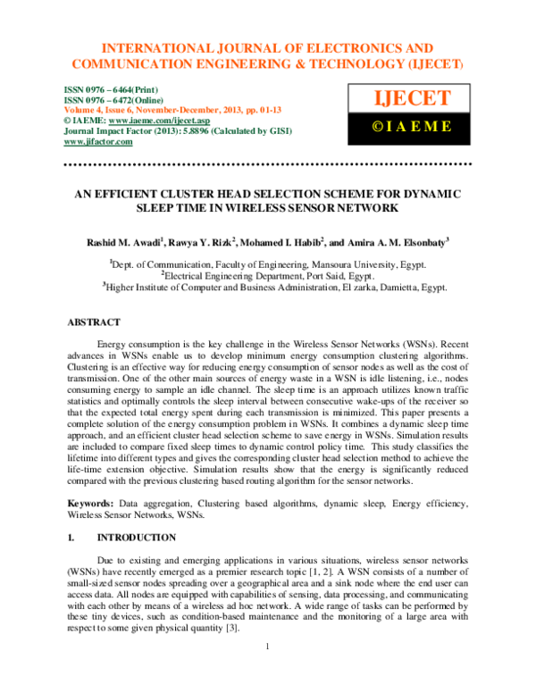 (PDF) An Efficient Cluster Head Selection Scheme for Dynamic Sleep Time ...