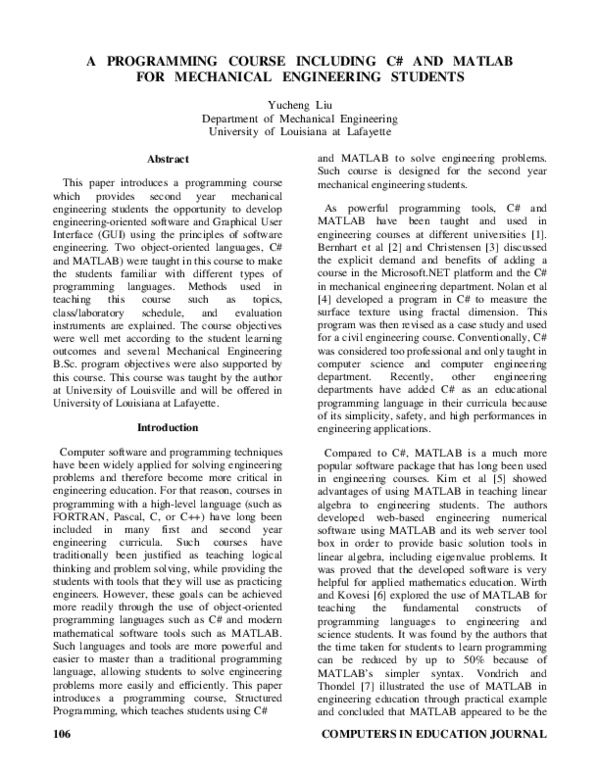 (PDF) A Programming Course Including C# and Matlab for Mechanical ...