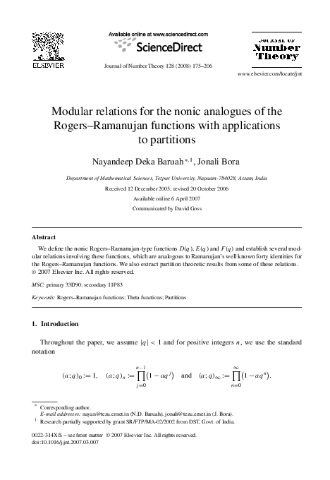 (PDF) Modular relations for the nonic analogues of the Rogers–Ramanujan ...