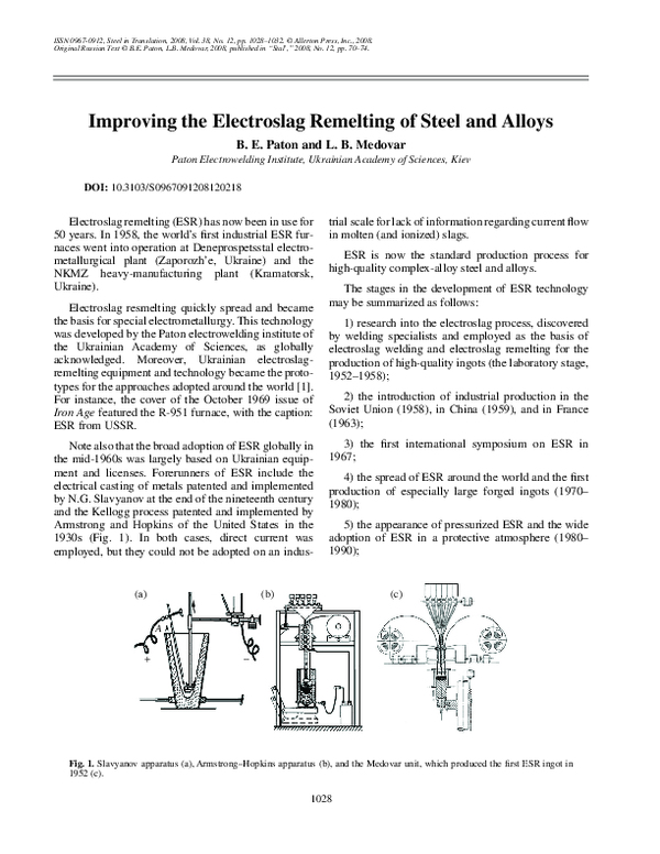 (PDF) Improving the electroslag remelting of steel and alloys