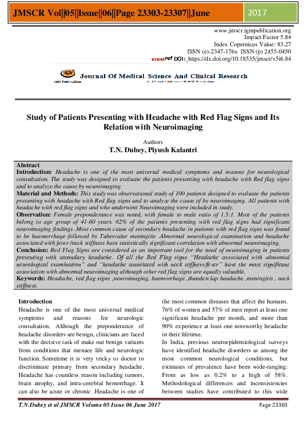 (PDF) Study of Patients Presenting with Headache with Red Flag Signs