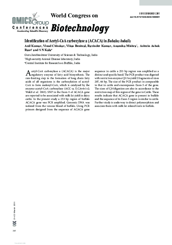 (PDF) Identification of Acetyl-CoA carboxylase a (ACACA) in Bubalus bubalis