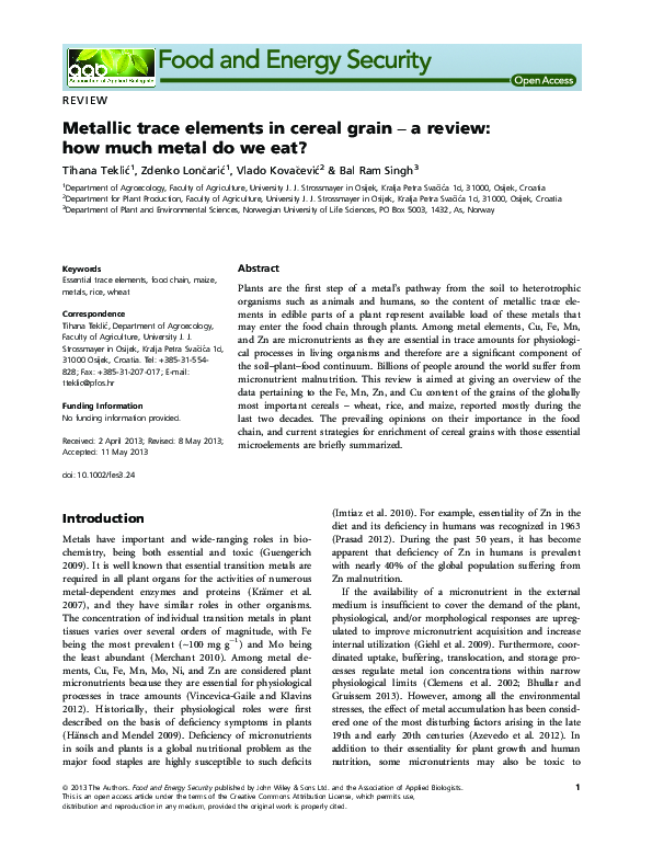 (PDF) Metallic trace elements in cereal grain a review how much