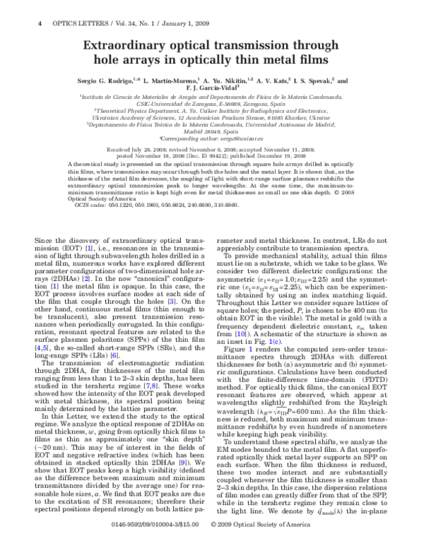 (PDF) Extraordinary optical transmission through hole arrays in ...