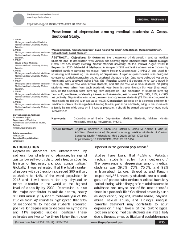 (PDF) Prevalence of depression among medical students: A Cross ...