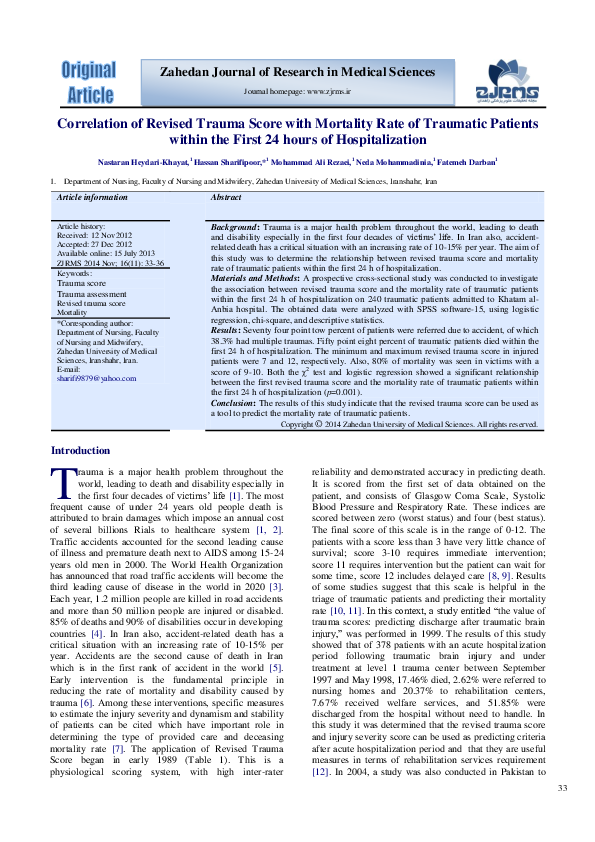(PDF) Correlation of Revised Trauma Score with Mortality Rate of ...