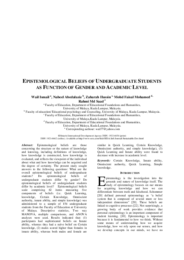 (PDF) Epistemological Beliefs of Undergraduate Students as Function of ...