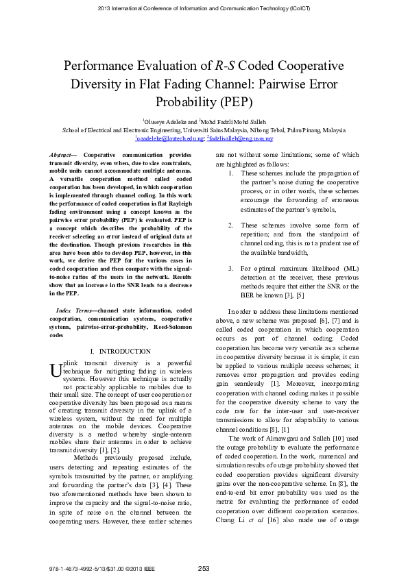 (PDF) Performance evaluation of R-S coded cooperative diversity in flat ...