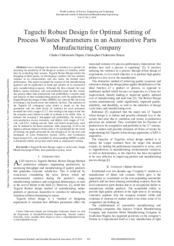 (PDF) Taguchi Robust Design for Optimal Setting of Process Wastes ...