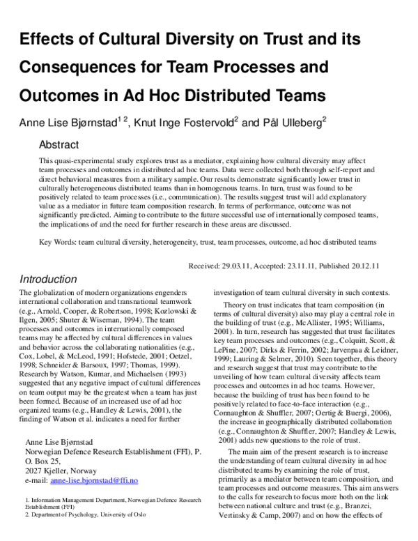 (PDF) Effects of Cultural Diversity on Trust and its Consequences for ...